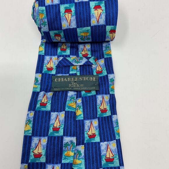 Vintage 100% Silk Charleston Tie Rack made in Italy Sail Boat Pattern Mens Tie - Picture 4 of 5